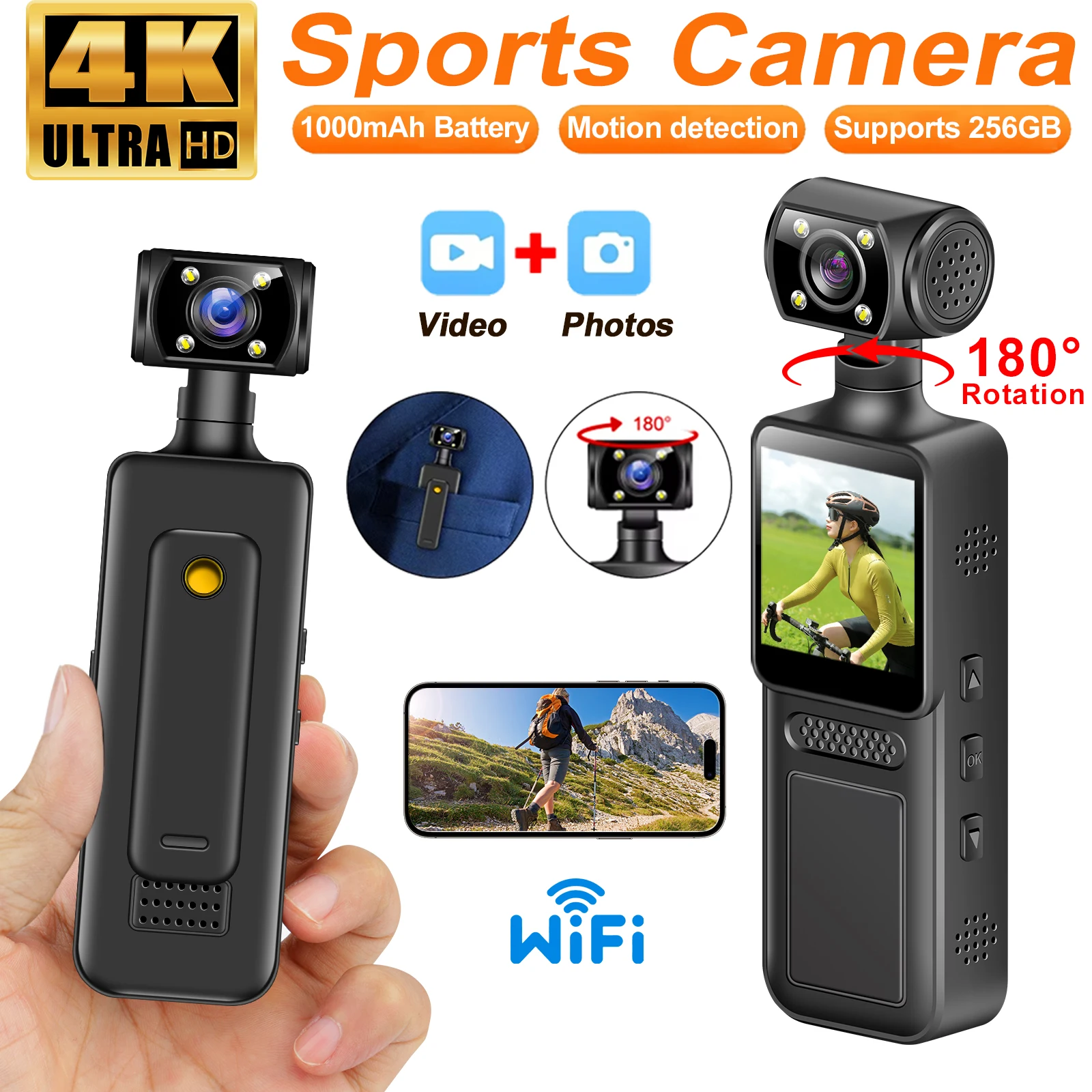 

4K HD Handheld Pocket Camera 180 ° Rotating Mini Portable Camera Wearable Night Vision Outdoor Sports Camera 2025 New