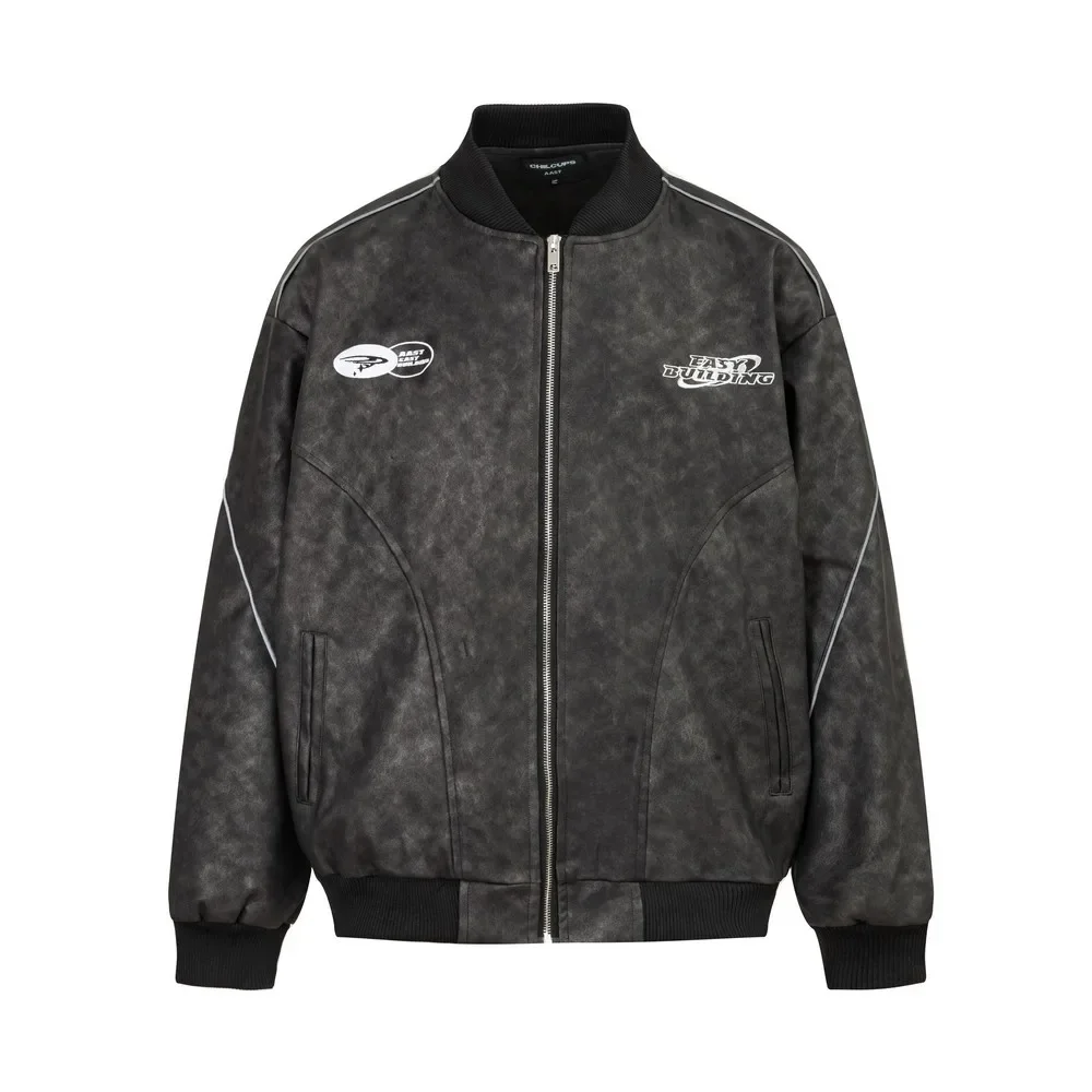

Loose Grunge Aesthetic Embroidery Distressed Leather Jackets OverCoats for Women Girls Goth Acamedia y2k Streetwear Outerwear