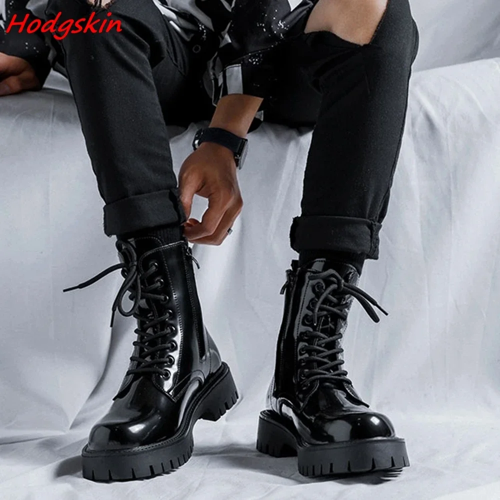 

Black Patent Leather Boots for Men Round Toe Mid Calf Lace Up Height Increasing Spring Autum Newest Sewing Casual Fashion Shoes