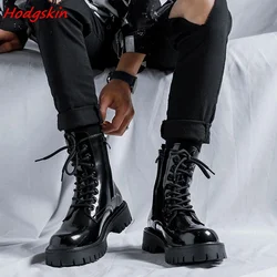 Black Patent Leather Boots for Men Round Toe Mid Calf Lace Up Height Increasing Spring Autum Newest Sewing Casual Fashion Shoes