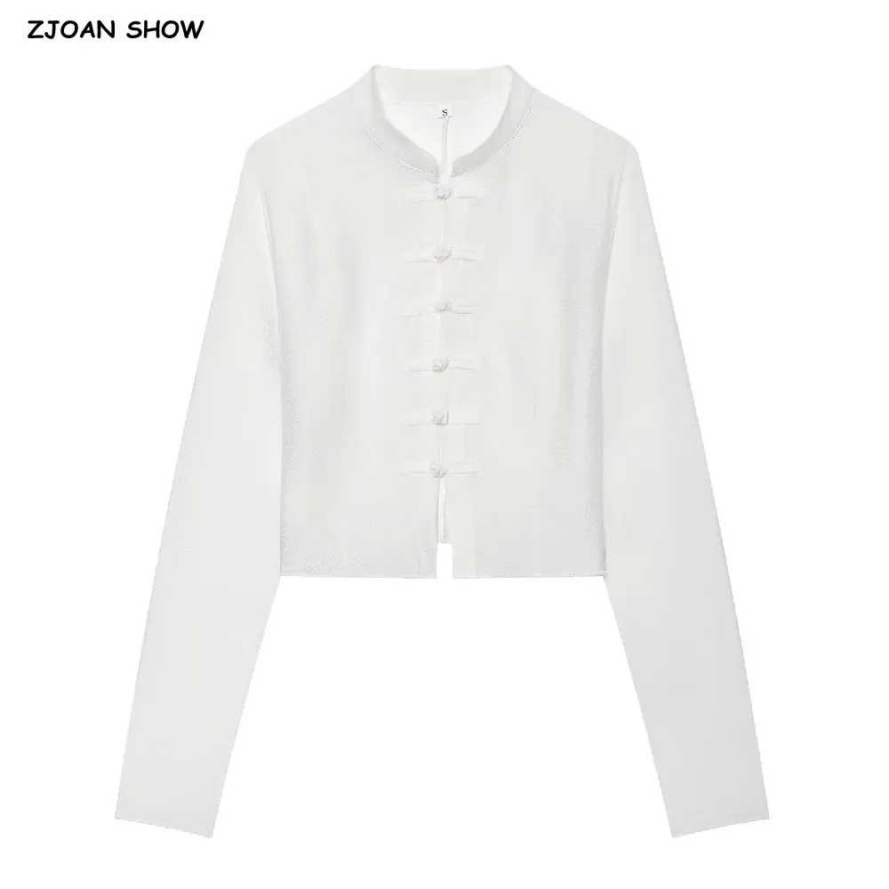 Chinese Style Women's Stand Collar Rope Buttons Long Sleeve Shirt White Loose Casual Blouse Short Tops