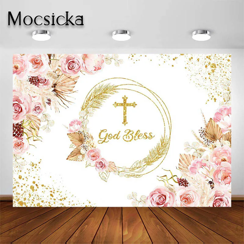 Mocsicka Dios bendiga telón de fondo primer bautismo decoraciones rosas doradas bautizo Baby Shower fondo sesión de fotos pancartas de fiesta