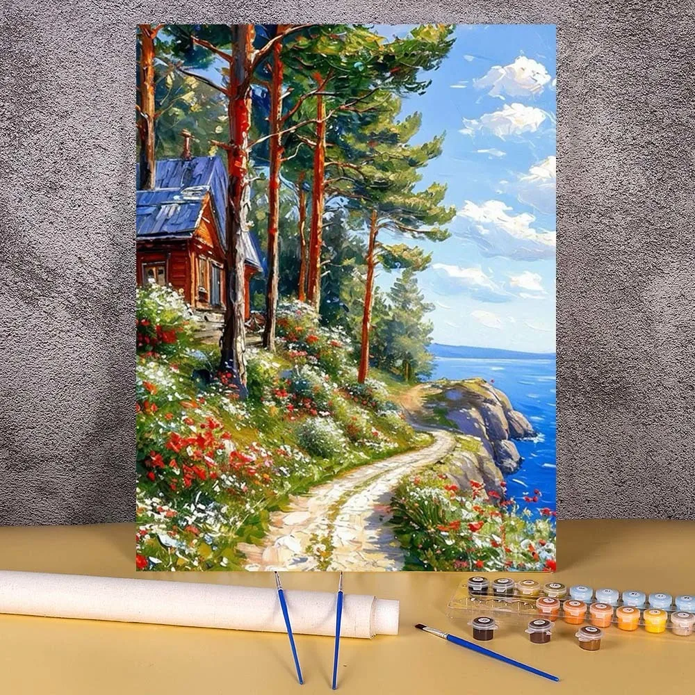 

Frameless Diy Painting By Numbers For Adults Seaside Forest Acrylic Paint By Numbers Landscape Handicrafts For Home Decors