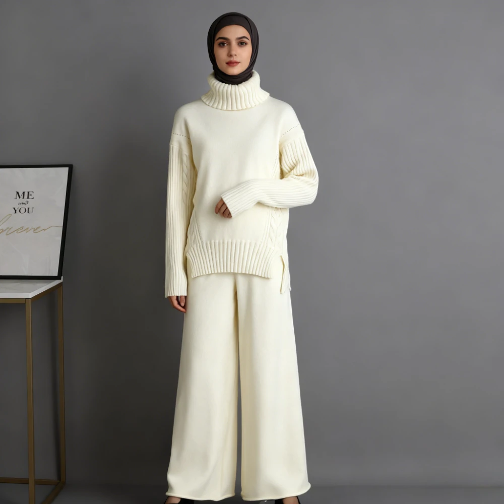 

Осенне-зимний вязаный свитер с высоким воротником для женщин, спортивный костюм, однотонный свитер, эластичные брючные костюмы, вязаный комплект из двух предметов 2024