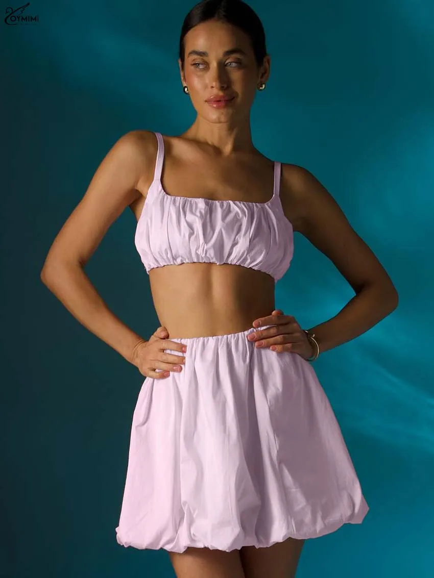 Oymimi Summer Pink Cotton Set Woman 2 Piece Casual Spaghetti Strap Slim Crop Tank Tops And Mid Waisted Pleated Mini Skirts Sets
