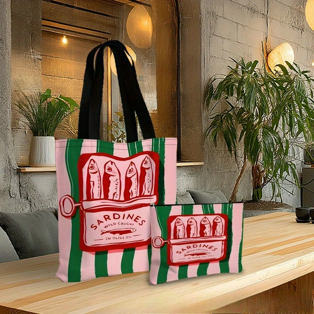 Sardinas salvajes, bolso de mano de aceite de oliva, bolso de playa con bolsa de maquillaje, bolso de compras reutilizable elegante, bolso de hombro, bolsas de trabajo de viaje