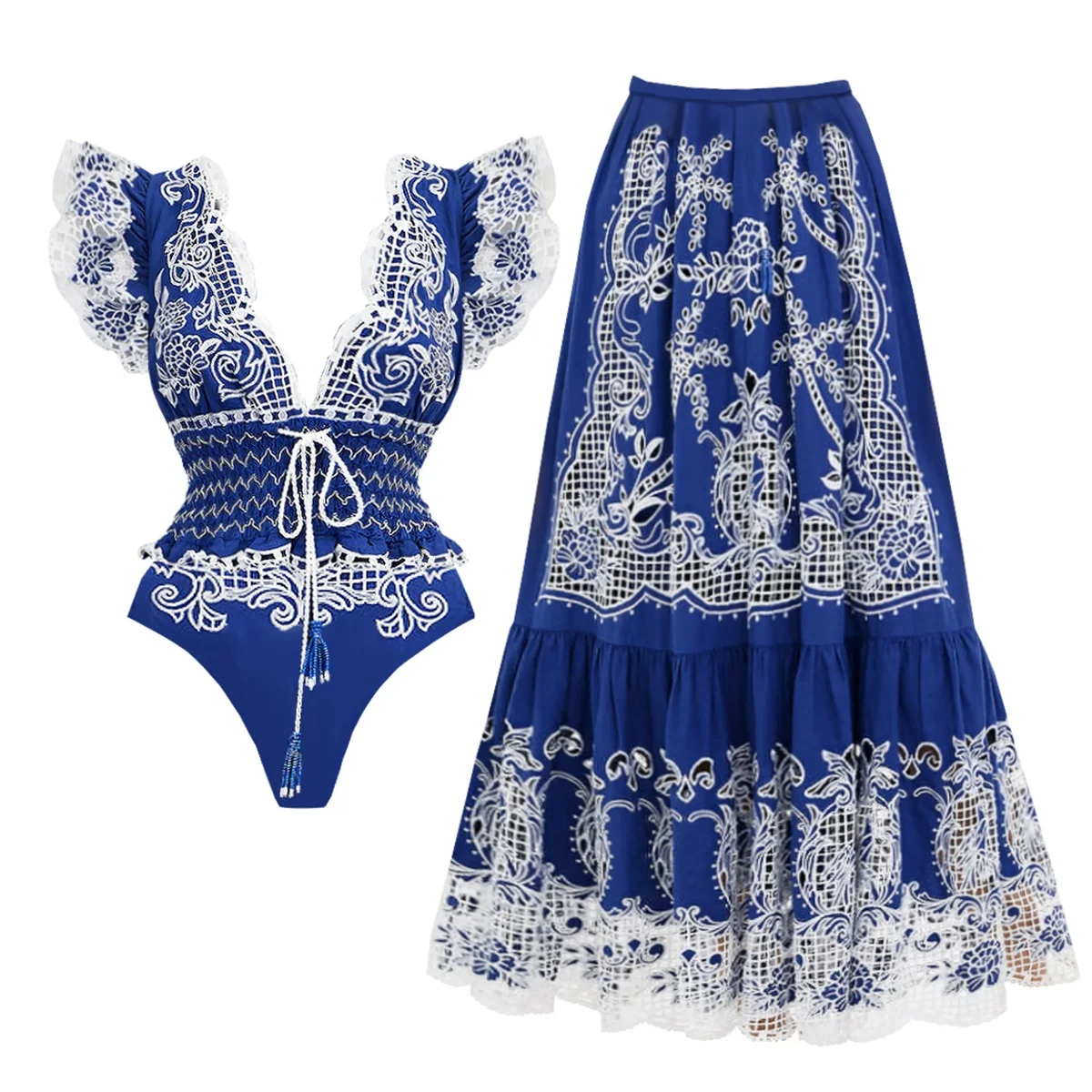 

Retro Printed Swimsuit With Long Skirt Sexy Women Bikini Shoulder Ruffle Swimwear Push Up Biquini Female Bathing Suit Beachwear