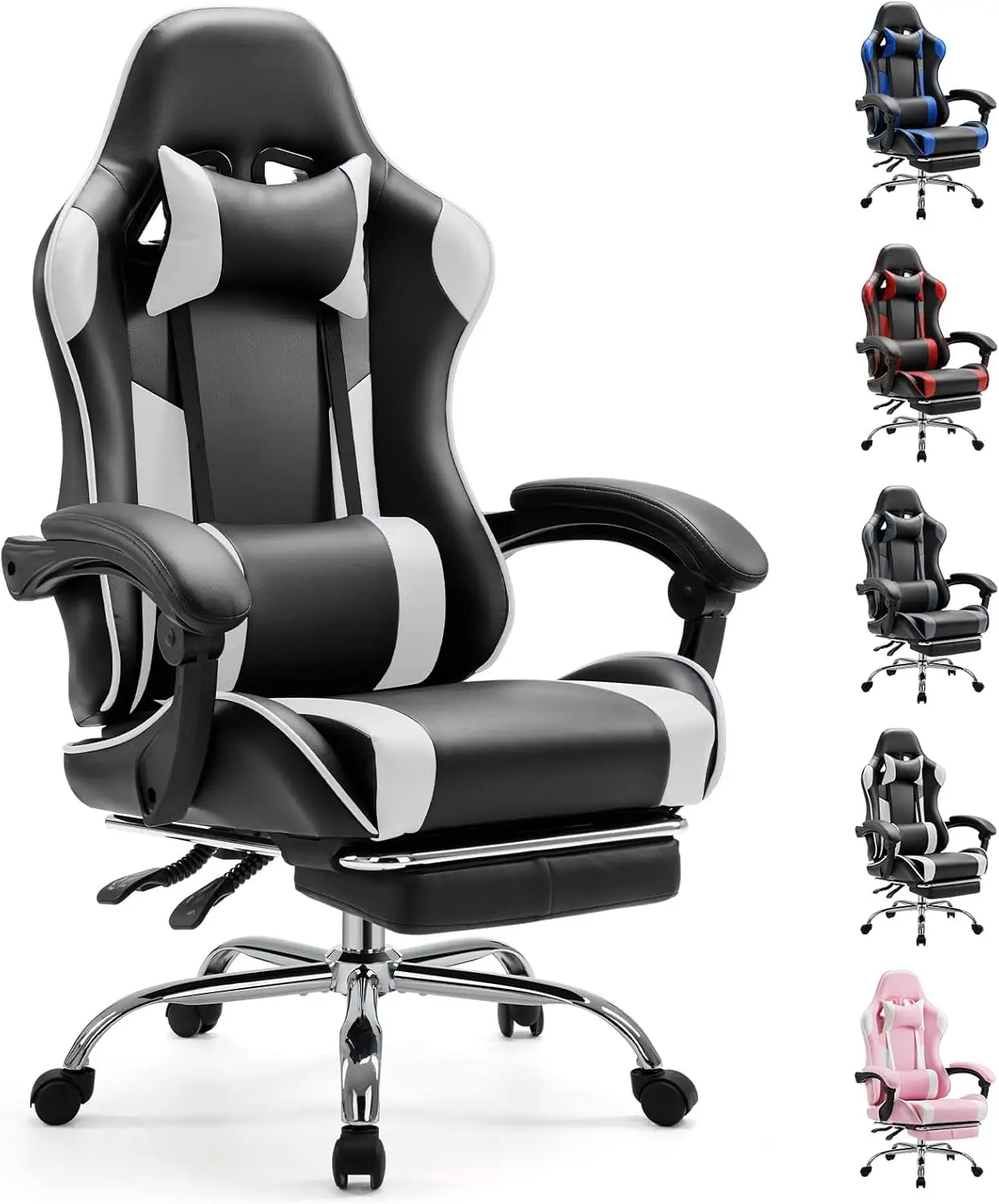 

Ergonomic Gaming Chair with Footrest, PU Leather Recliner, Lumbar Support, Height Adjustable, 360° Swivel, White
