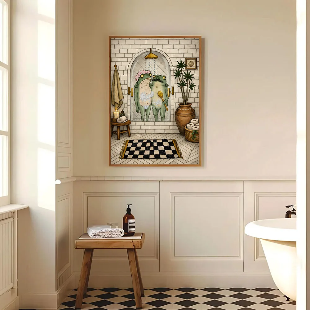 1pcs Unframed Whimsical Frog Couple Shower Quirky Canvas Poster Funny Bathroom Wall Art Print Cottagecore Vintage Painting