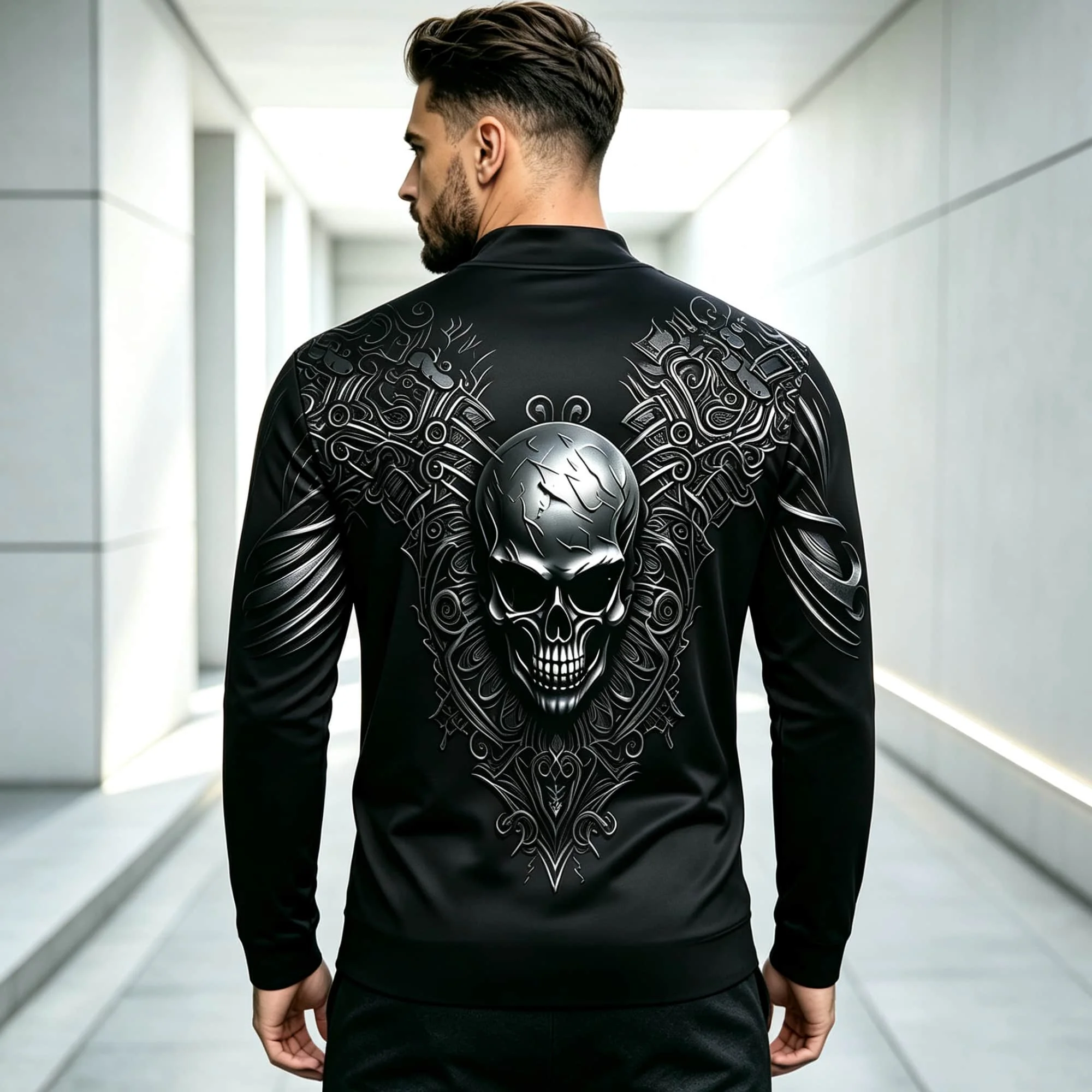 Gothic 3D Metallic Skull Print Black Pullover Tops Lightweight Polyester Dark Streetwear Long Sleeve Tee