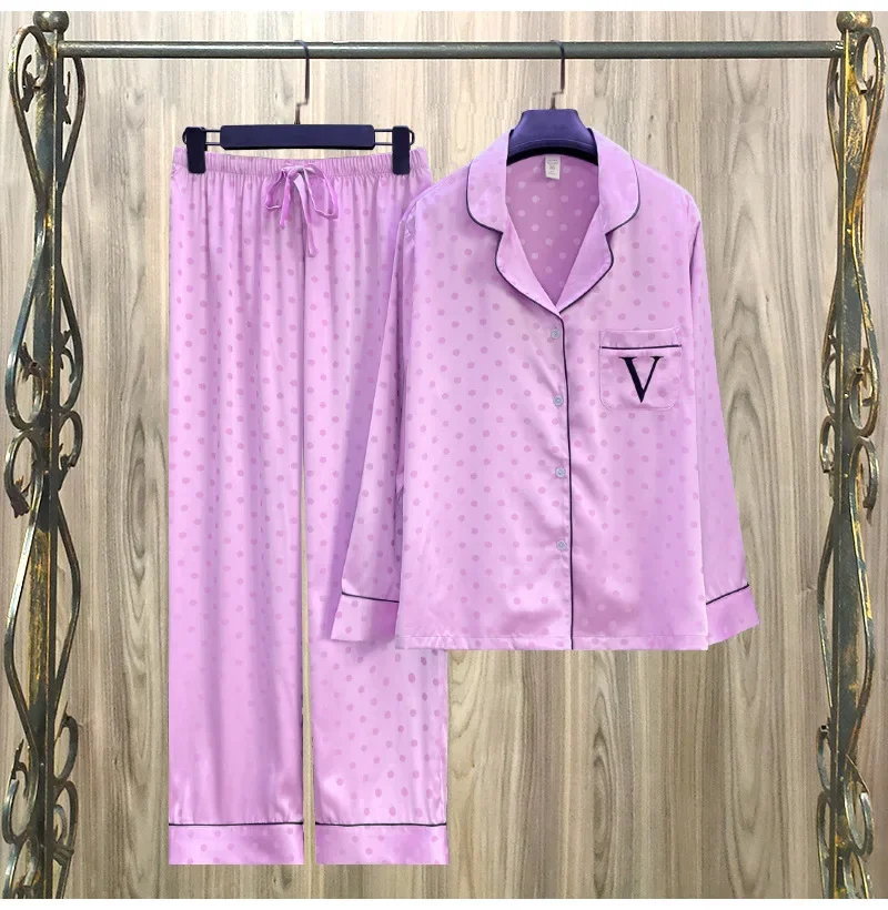 

2024 Sleepwear Purple V-letter Pajamas for Women's Spring Ice Silk Satin Polka Dot Long Sleeved Summer Thin Home Clothing