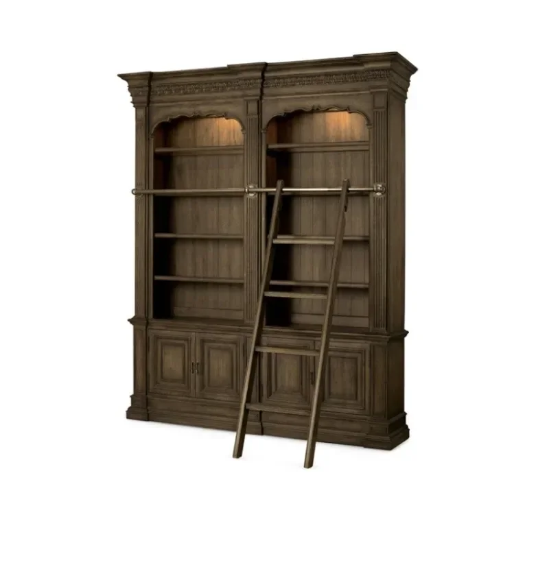 American light luxury combination bookcase with ladder solid wood oak bookcase French retro carved floor storage bookshelf