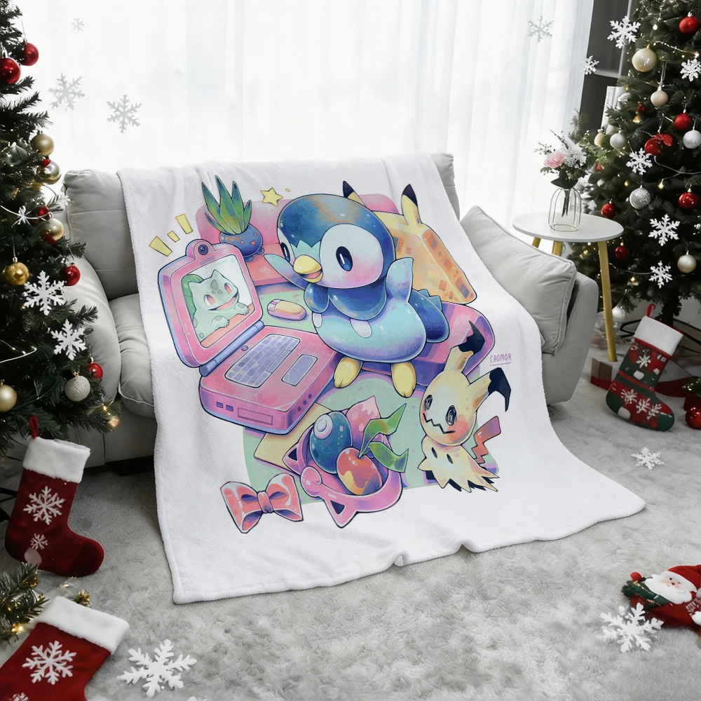 Pokemon Pikachu Gengar Bulbasaur Charmander Squirtle Psyduck Flannel Throw Blanket Soft Warm Blanket for Sofa Bed Home Decor Gif