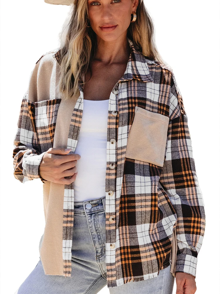 

Faionable Plaid irt Sle Jaet Women's Winter New Design Color Blo Ladies irt Loose Fit Long Sve Button Closure