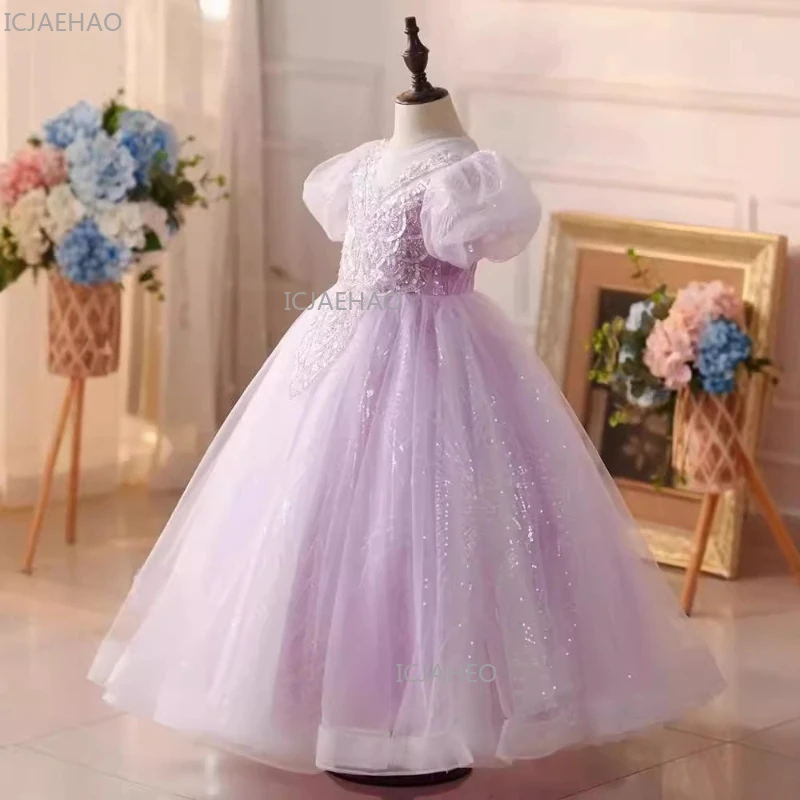 Purple Princess Dress Girls Fashion Puffy Tulle Pageant Gown StageBirthday Party Flower Girl Wedding  Performance Host Children