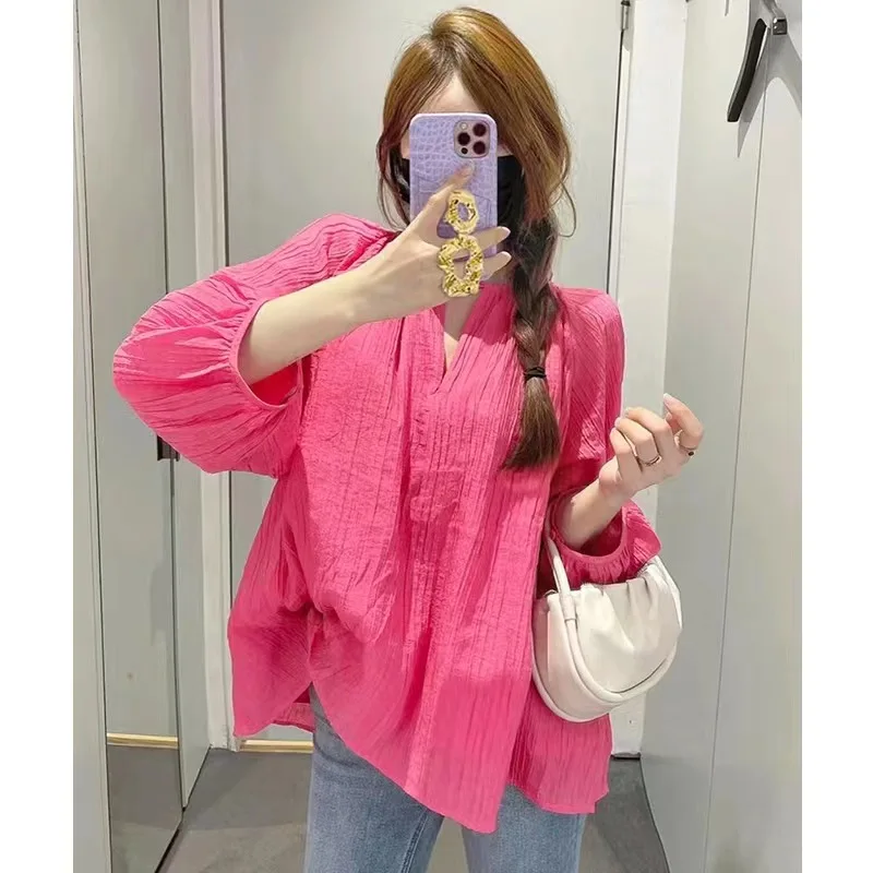 

Women's Casual Sle Pleated Bubble Silk irt Pink Slimming New Summer Faion Commute round Ne Long Sve Loose Fit
