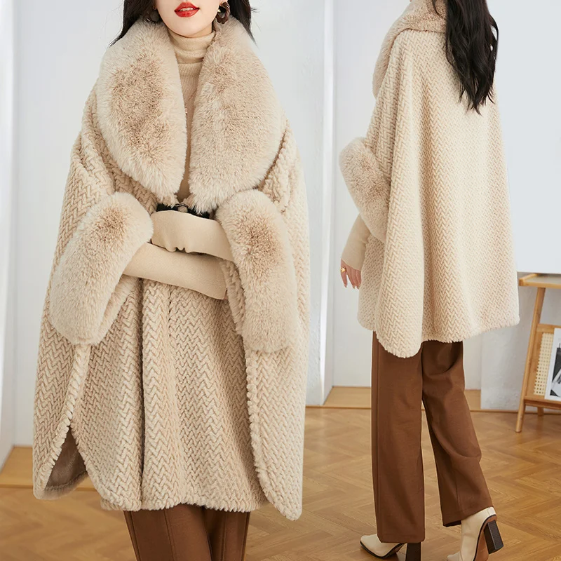 Fashion Wide V Lapel Faux Fur Coat Cape Pure Color Wavy Stripes Soft Warm Outerwear Women Winter Loose Cloak Mid-Long