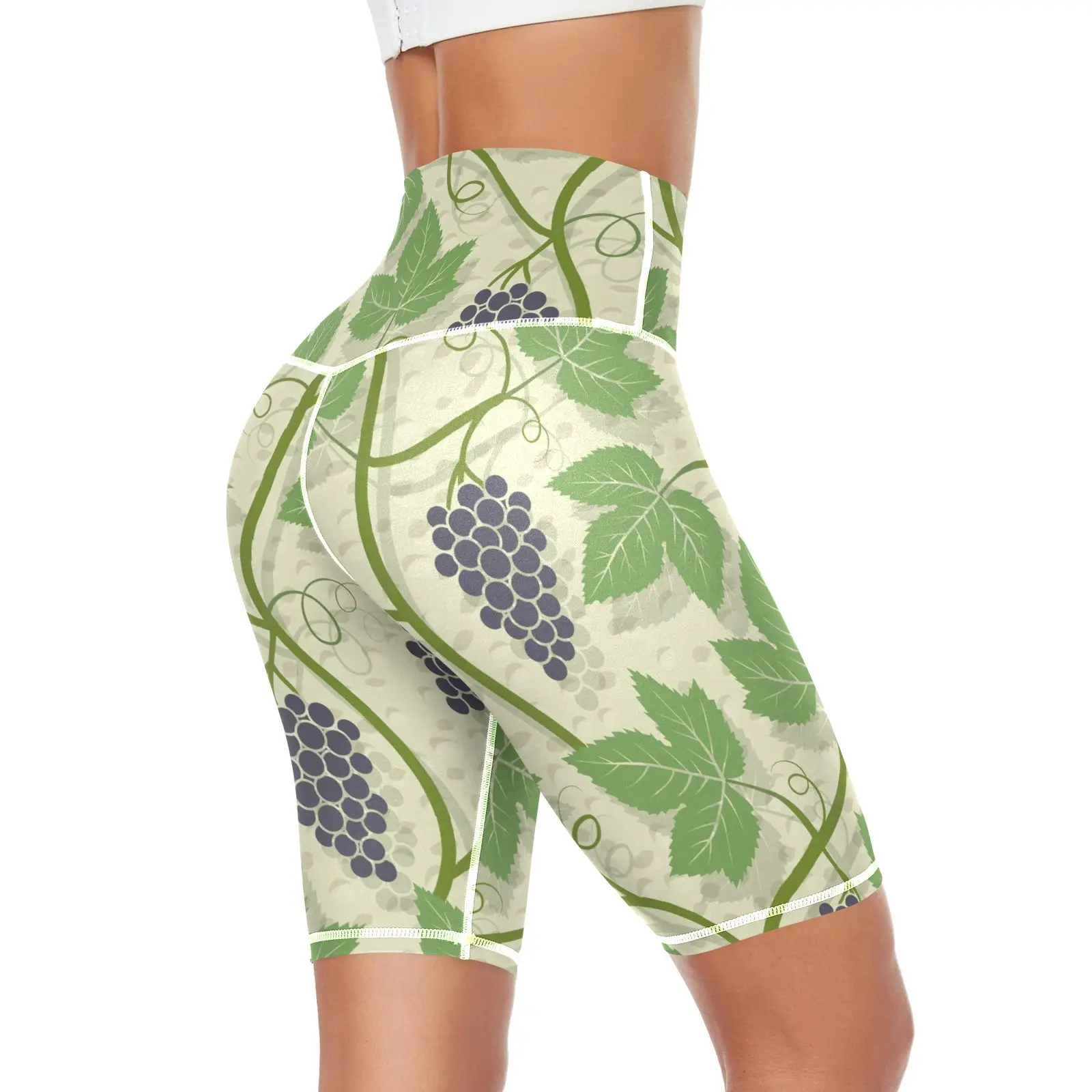 Gym Jogging Running Shorts Yoga Shorts grape leaves green Women High Waist Push Up Tight Sports Pocket Fitness Yoga Short Pant