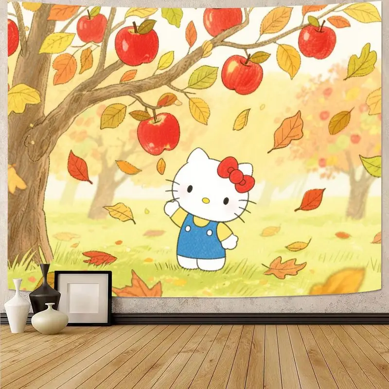 

1PC Sanrio Hello Kitty Autumn Apple Orchard Tapestry, Kawaii Fall Leaves Wall Art, Cartoon Room Decor for Girls Kids Gift.
