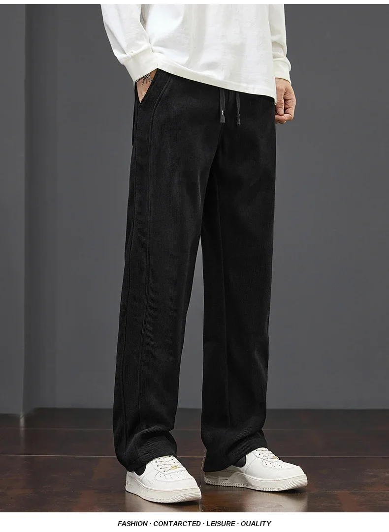 Winter Warme Fleece-Gefütterte Herren-Cordhose, Weite Gerade Hose mit Kordelzug und Elastischem Bund, Streetwear Braune Freizeithose für Männer – Detail 11