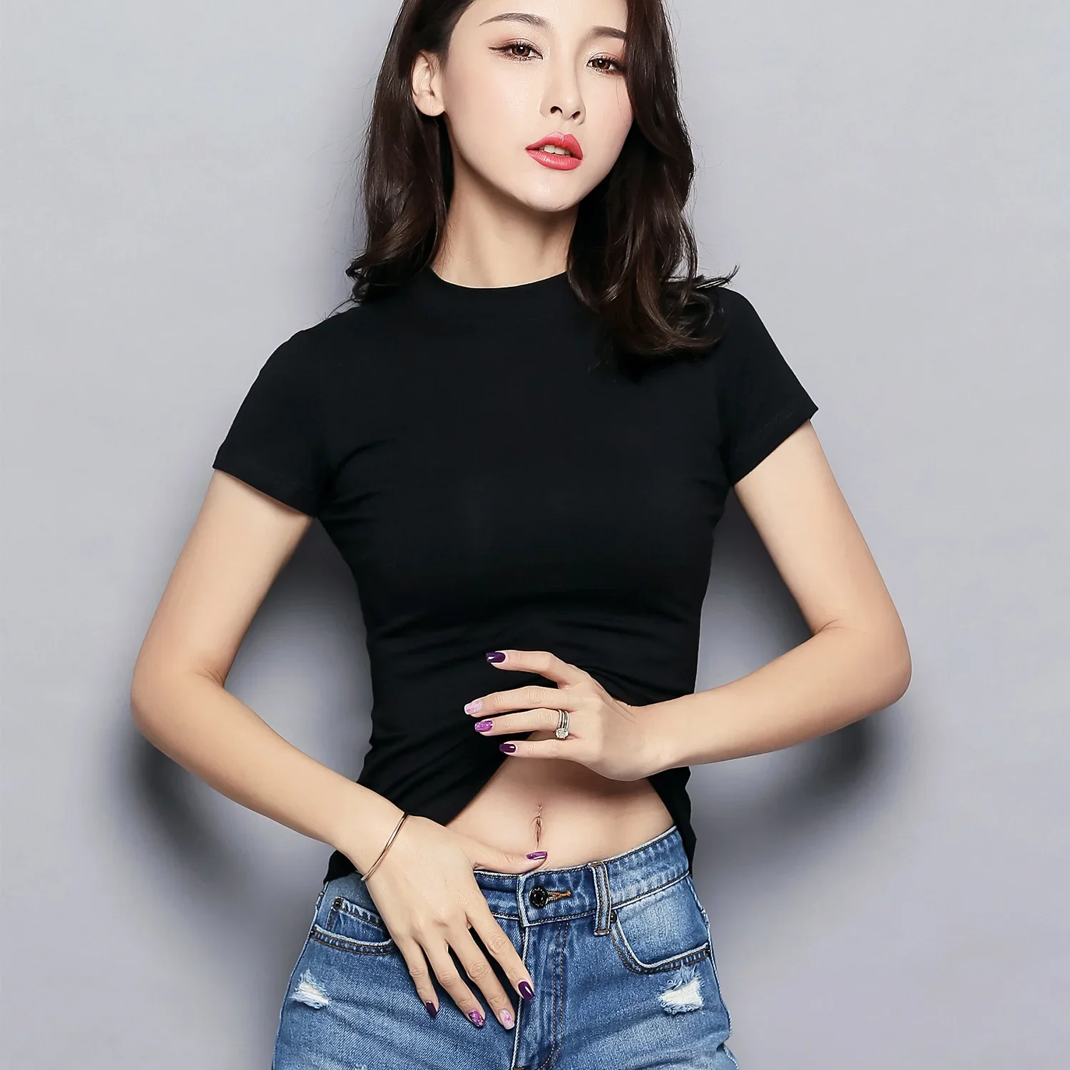 MRMT 2026 Brand New Women\'s T Shirt Half High Collar Solid Color Short-sleeved Women T-shirt for Female Tops Woman Tshirt