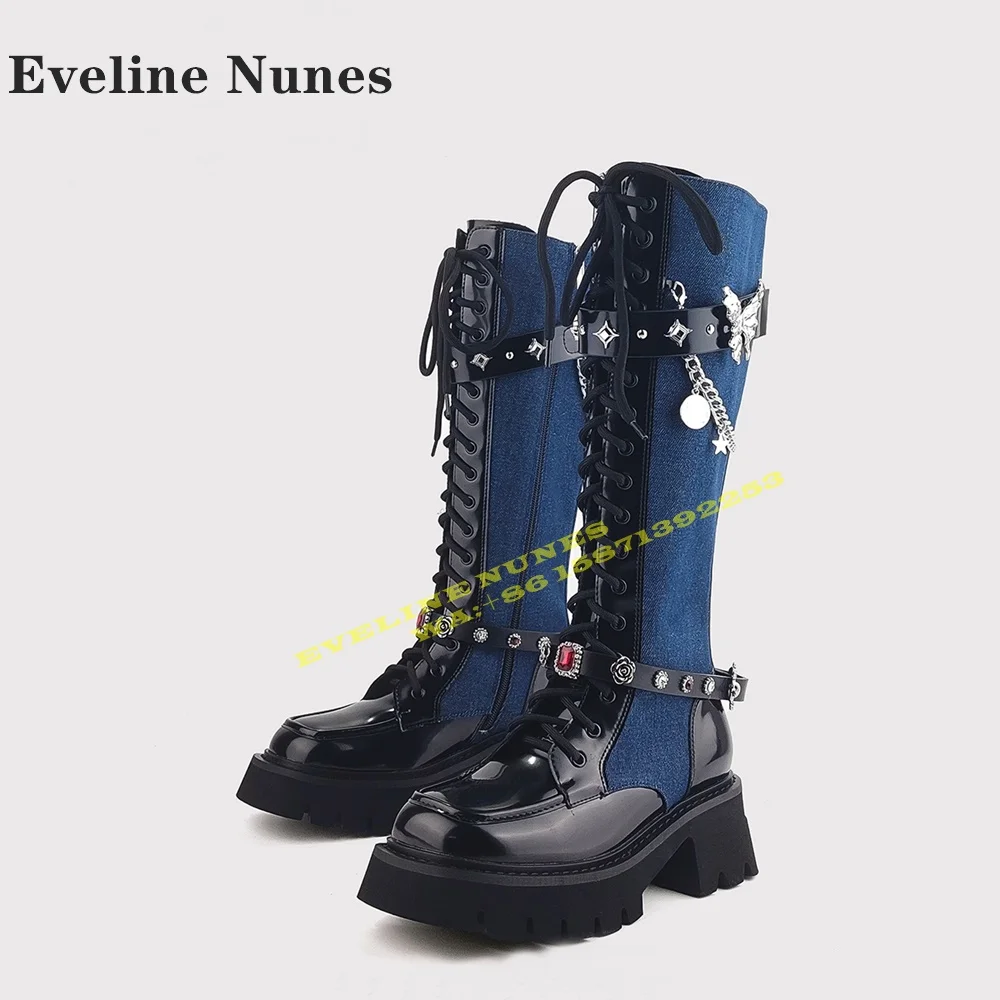 Gemstone Belt Buckle Cross Tied Western Boots Round Toe Tank Sole Metal Bow Chain Decoration Mixed Colors Knee High Boots 2024