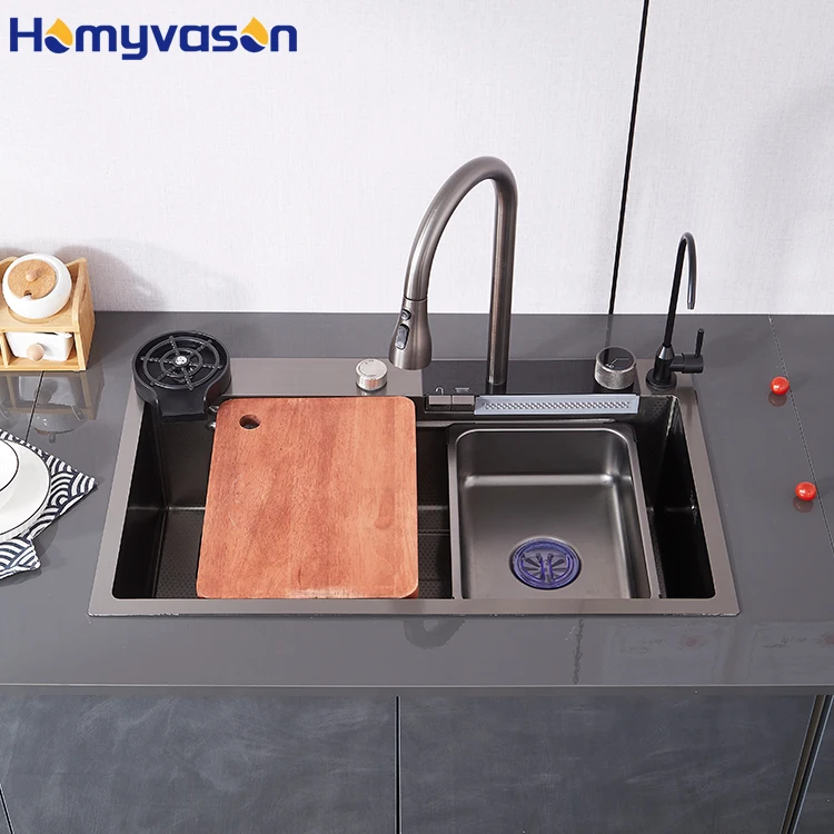 Modern Smart Nano Black Luxury Single Bowl Multifunctional Stainless Steel Piano Waterfall Faucet Kitchen Sink With Cup Washer