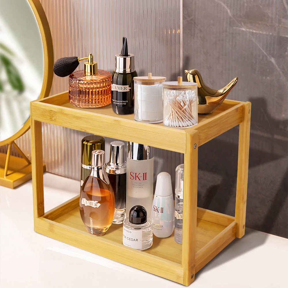 2 Tier Bathroom Under Sink Organizer Countertop Bamboo Sink Rack Bathroom Tray For Towel Cosmetic Storage Bathroom Accessories