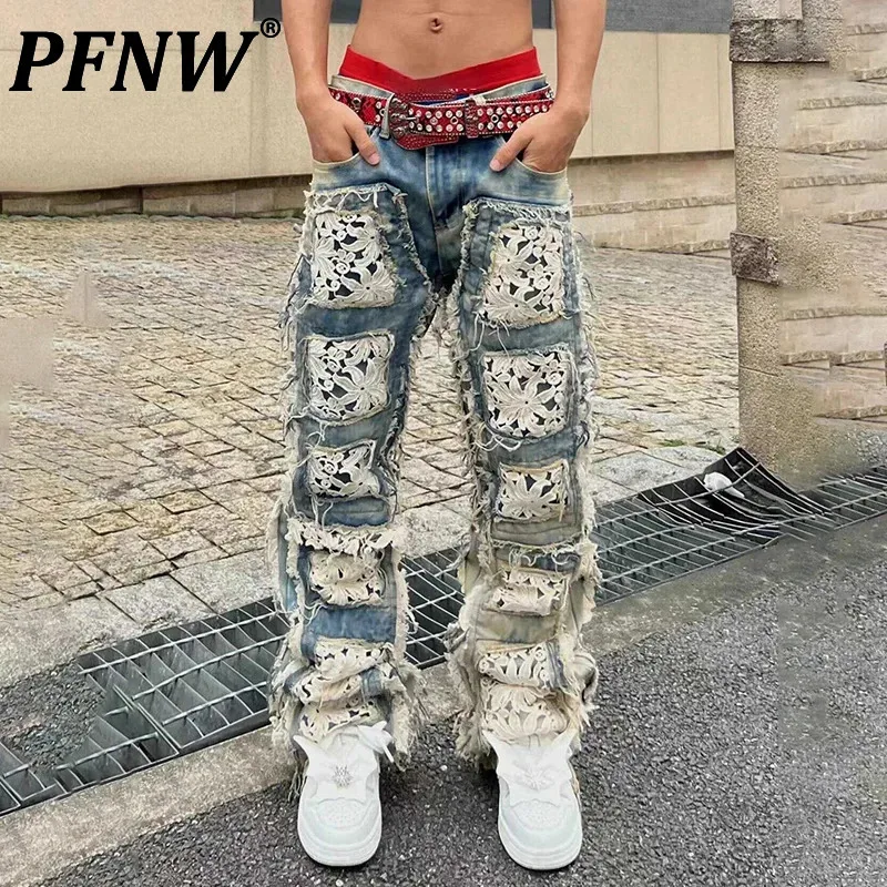 PFNW Y2K Embroidered Design Jeans Men's Patchwork Rough Edge Street Wear Hip Hop New Niche Straight Leg Pants Fashoin 28W5196