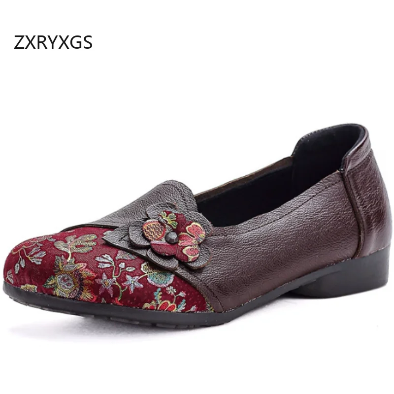 ZXRYXGS Promotion 2026 New Spring Genuine Leather Printing Flowers Shoes Women Stylish Flats Comfortable Soft Sole Women Shoes