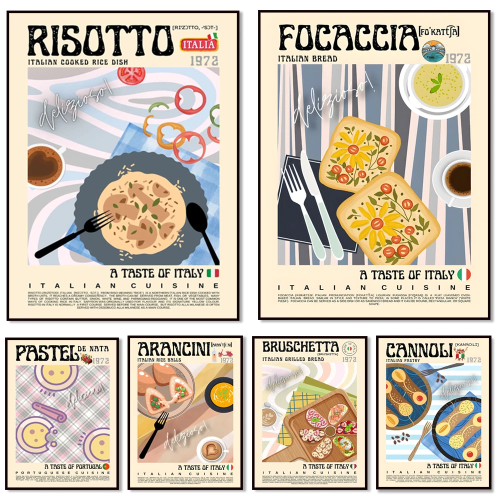 Pizza comida italiana, pastelería, pasta, baguette, comida francesa, comida portuguesa, cartel De comida Pastel De Nata, decoración de cocina moderna