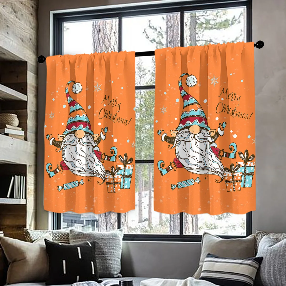 VIKAMA Christmas Short Valance Curtains 2Pcs Oil Proof Waterproof Kitchen Window Cabinet Cover Home Decor Tier Window Treatments