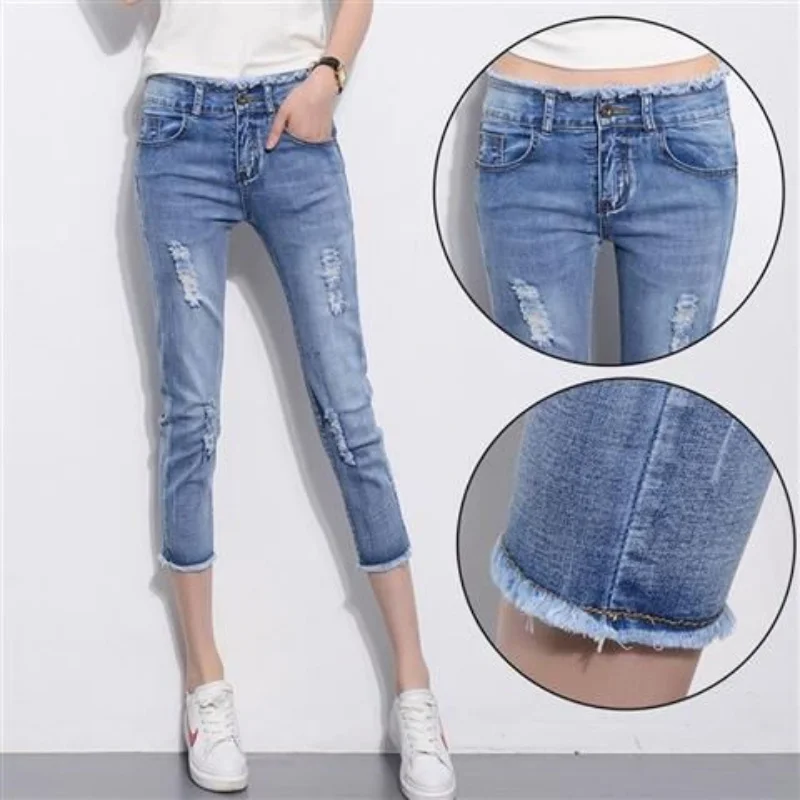 Imagem -06 - Calça Jeans Azul Denim Calças Senhoras para Mulheres Cortadas Calças Skinny Joelho Comprimento Jeans Mulher Elástico Cintura Alta Mom Jeans