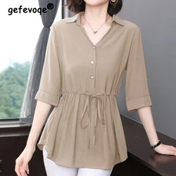 Elegante Mode Casual Feste Taste Gürtel Chiffon Hemd Sommer 2023 Halbe Hülse Polo-Neck Lose Pullover Bluse frauen kleidung