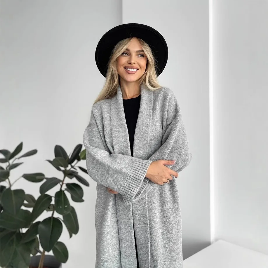 Women's Cardigan Wool Jacket Loose Retro Temperament Elegant Solid Color Collarless Knitted Long Sleeved Cardigan Jacket