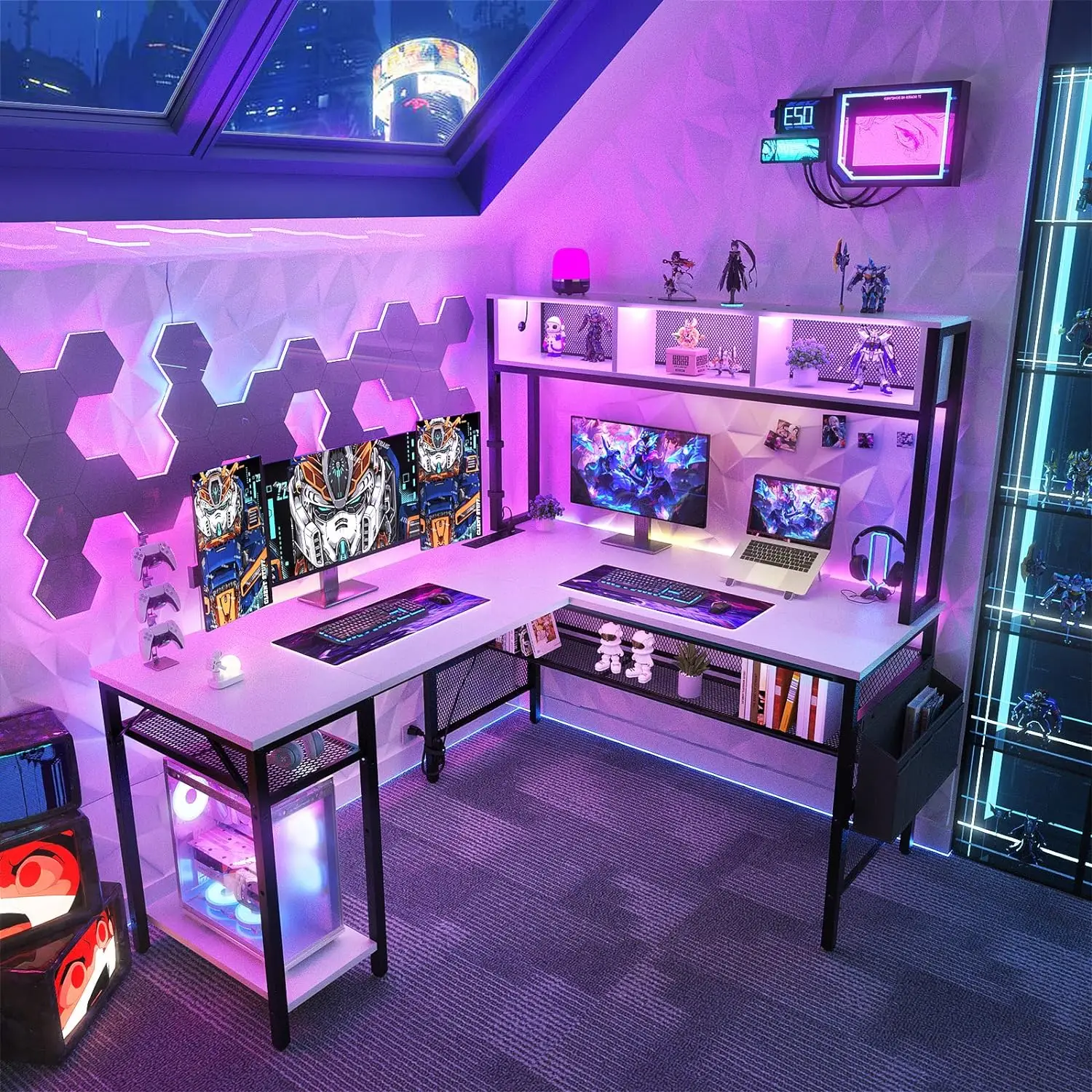 L Shaped Computer Desk with LED Strip and Power Outlets, Storage Shelves and Bag