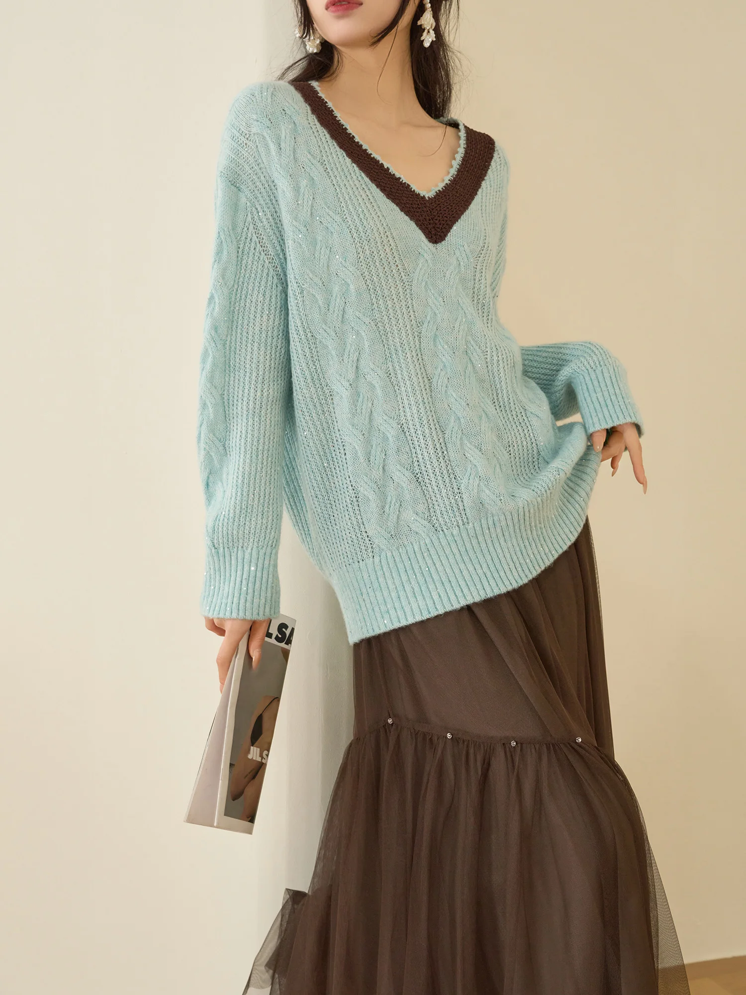 

Loose V-Ne Knitted Sweater Women's Design Sense Blue Twist Flower Pattern Casual Comfortable Long Sve Top by Flowing Era