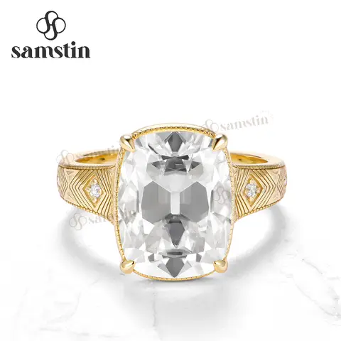 Samstin 7CT OMC Moissanite Ring for Women Solid 14K 10K  585 Yellow Gold Cushion Ring for Anniversary Christmas Gifts Party