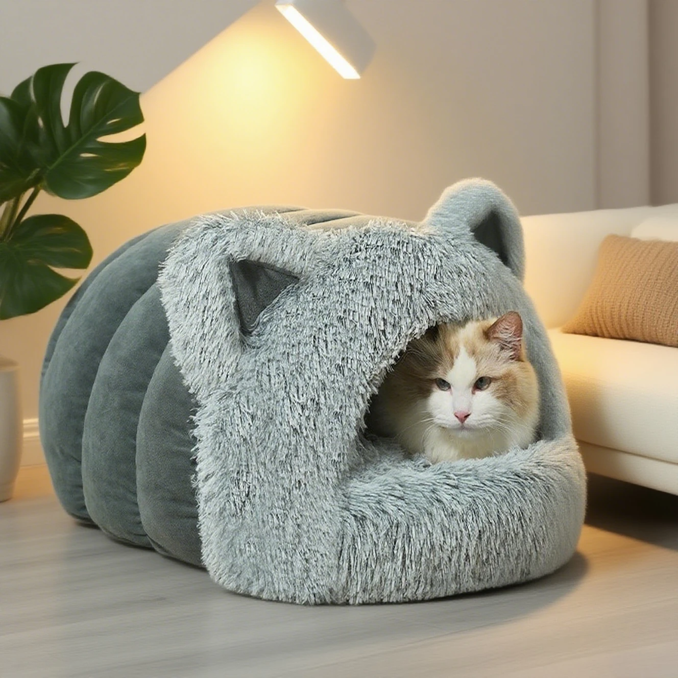 

2026 New Long Plush Soft Pet Bed Semi-enclosed Cat Bed Pet Mattress Warm Cat Dog Sleeping Nest Cave for Small Dogs Kitten