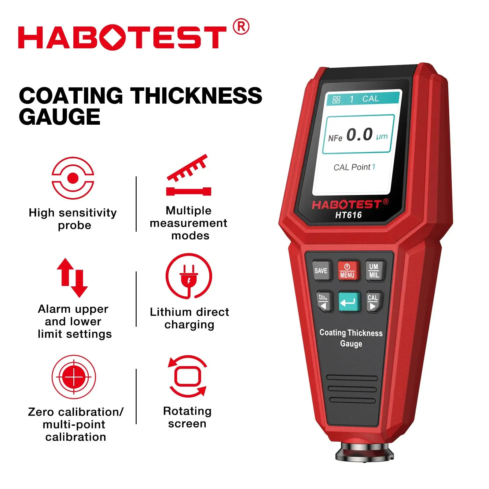 

HABOTEST HT616 Car Coating Thickness Gauge 0-1500UM Car Film Paint Thickness Tester Measurement F/NF Automatic Calibration