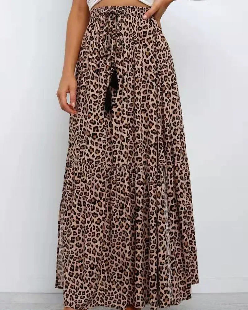 The new luxury Spring and autumn elastic high-waisted brown leopard print spun rayon burst skirt