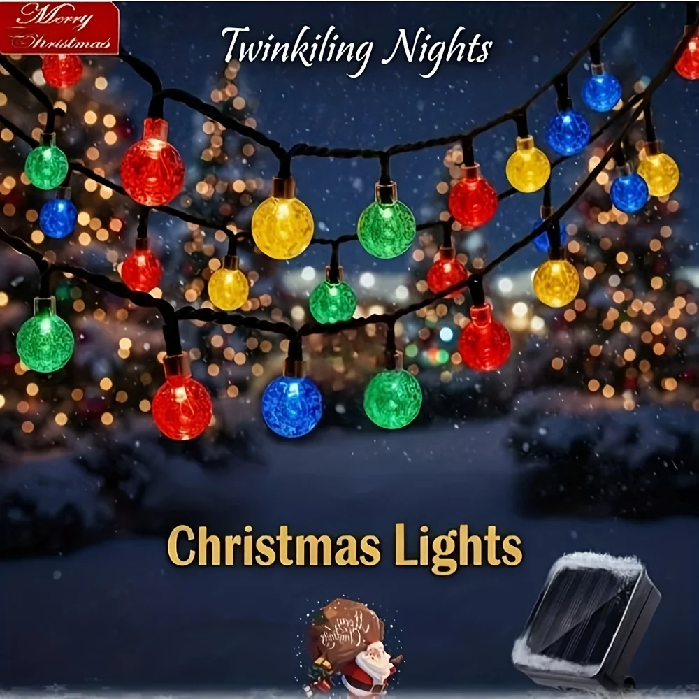Guirnalda de luces LED solares con bola de cristal para exteriores, resistente al agua, con 8 modos de iluminación, lámpara de hadas para jardín, boda, fiesta, decoración navideña