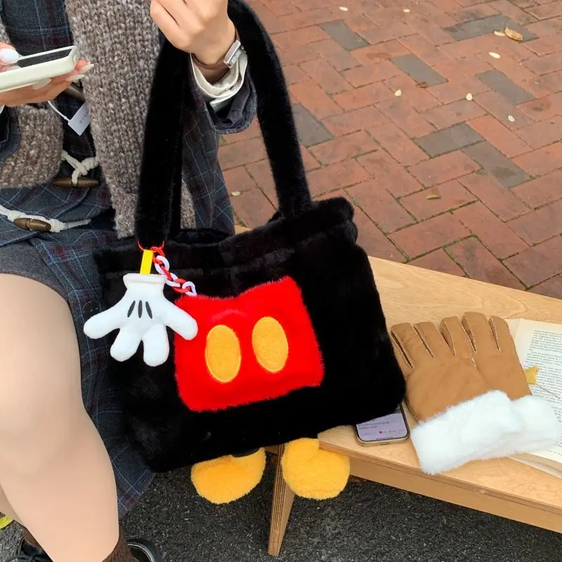 

Cute Cartoon Plush Handbag Women Black Color Block Large Capacity Shoulder Bag Ladies Daily Versatile Soft Comfortable Tote Bags