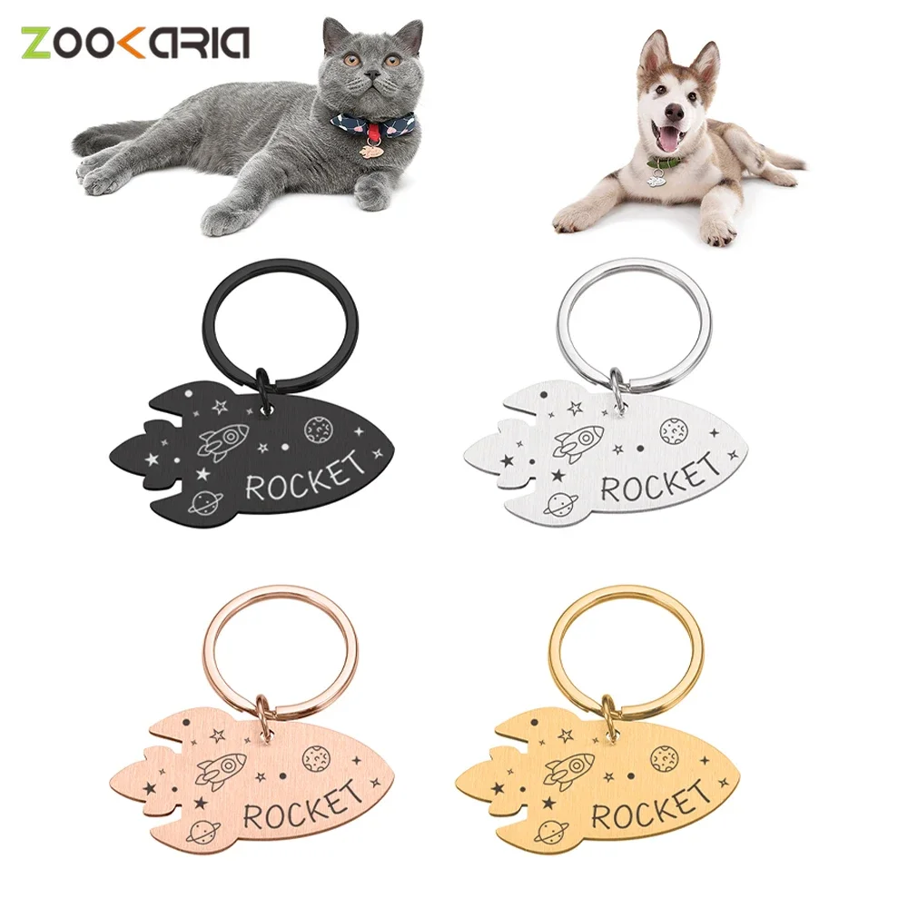 

Pet Tags Personalized Fun Metal Label With Rocket Planet Free Lettering Dog Tag Small Medium Customized With Name Plate Engraved