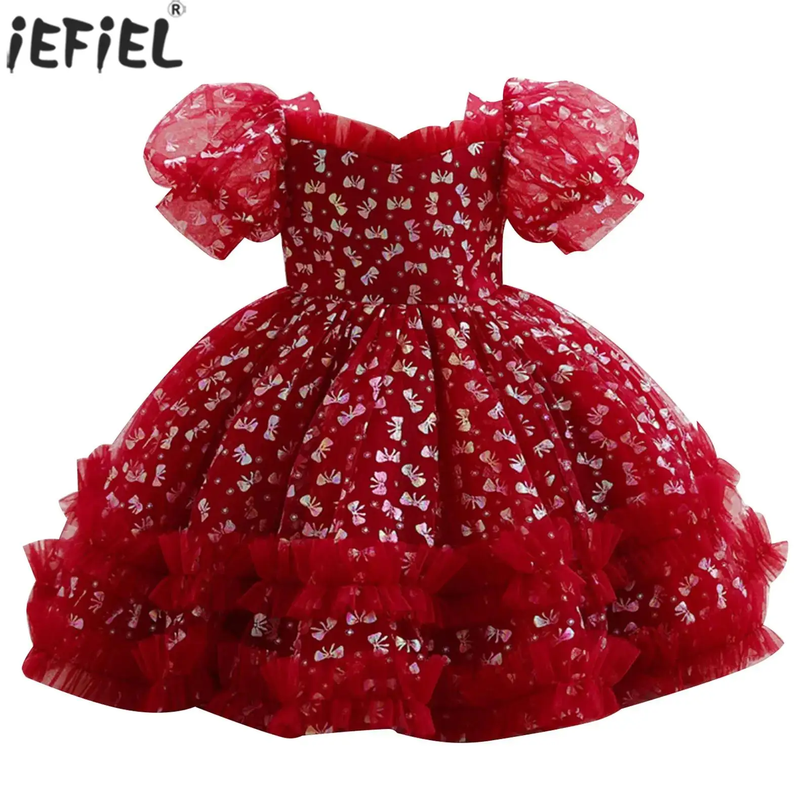 

Toddlers Baby Girls Princess Birthday Party Dress Short Bubble Sleeve Bowknot Print Frilly Tulle Dresses Wedding Evening Gowns