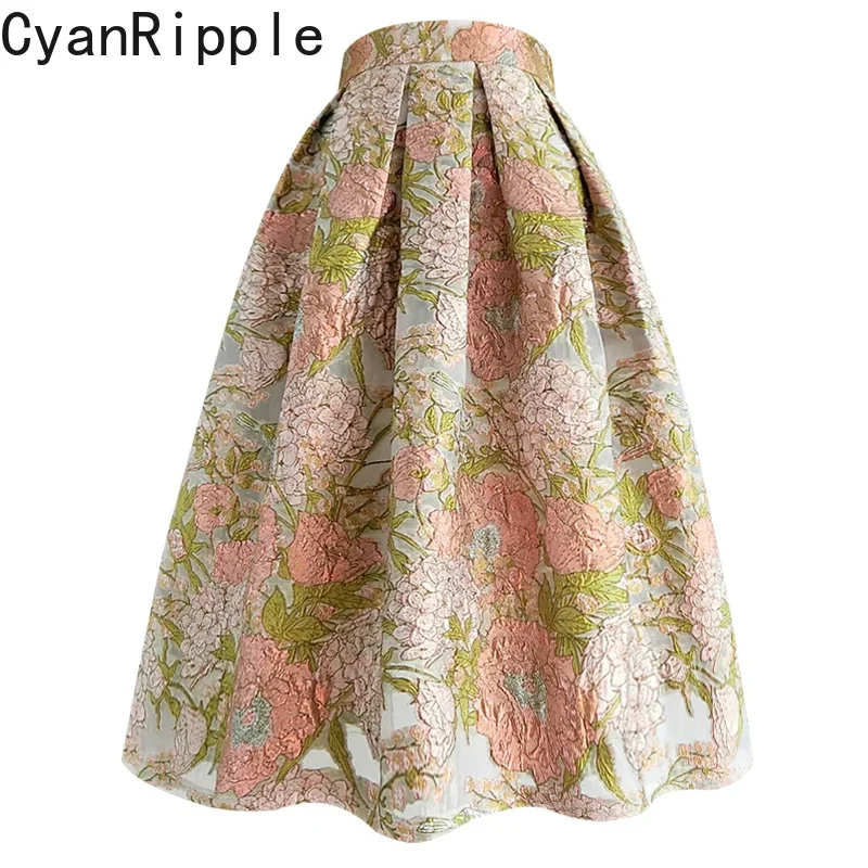 

High Quality New Spring Summer Elegant Embroidery Organza Puff Skirt All-match High Waist Mid-long Women A-line Fairy Skirts