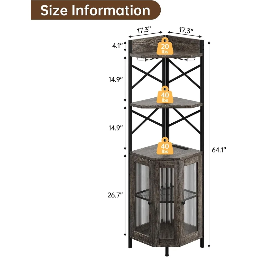 5-Tier Corner Bar Cabinet with Power Outlet, LED Strip & Glass Holder, Grey Oak