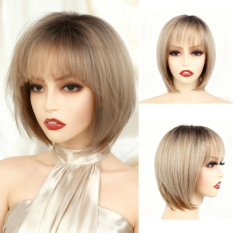 

Парик из синтетического волокна с короткими прямыми волосами и золотисто-коричневым бобом, идеально стилизованный. Подходит для любой женщины носить