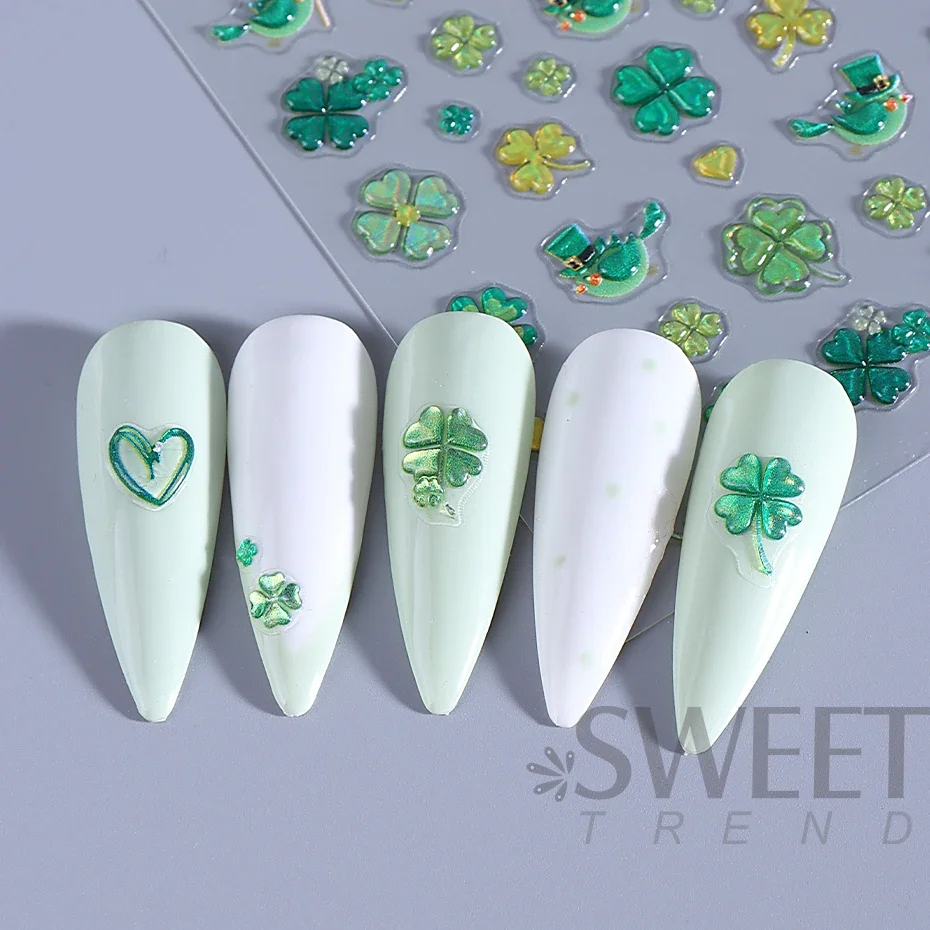 Adesivo per unghie con quadrifoglio verde in rilievo 5D, giorno di San Patrizio, foglia fortunata, cuore nuziale, decalcomania fai da te, cursore, decorazione artistica per manicure