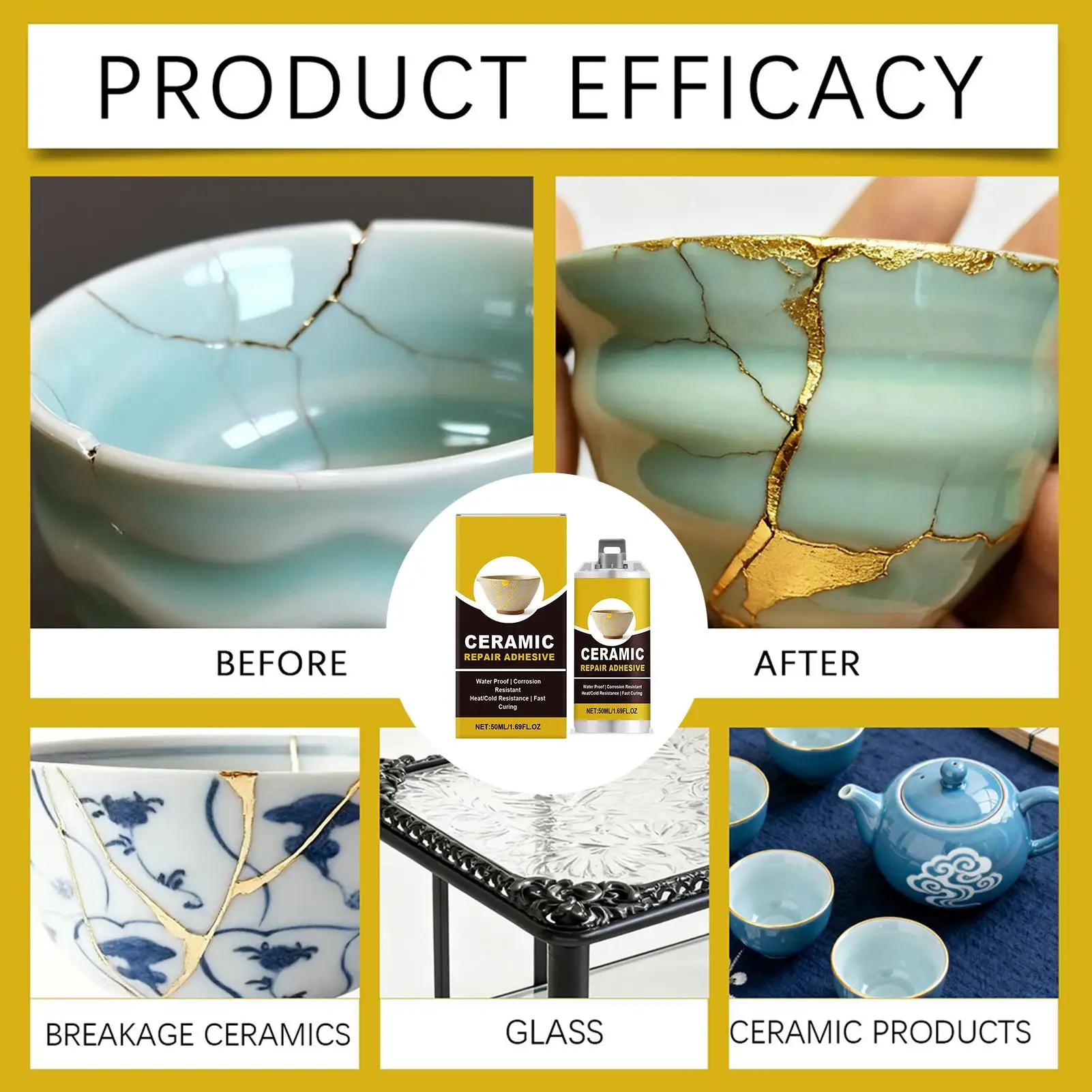 Kintsugi Repair Kit Gold Ceramic Glue Food Safe Adhesive for Broken Pottery Plate Cup Bowl Bathtub Craft Art Restoration image 5
